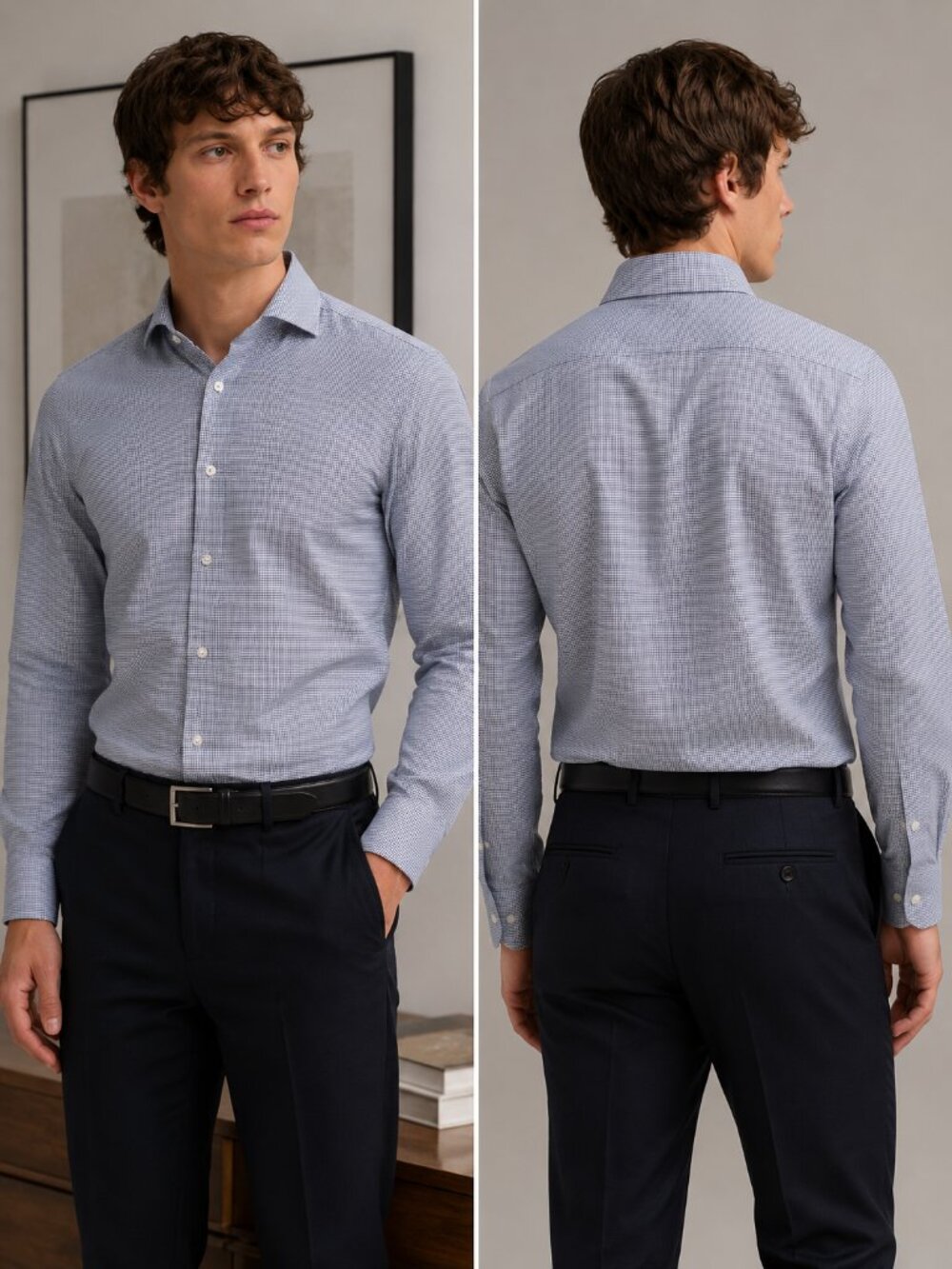 Hugo Boss Regular Fit Blue White Micro Check Dress Shirt Men’s Large